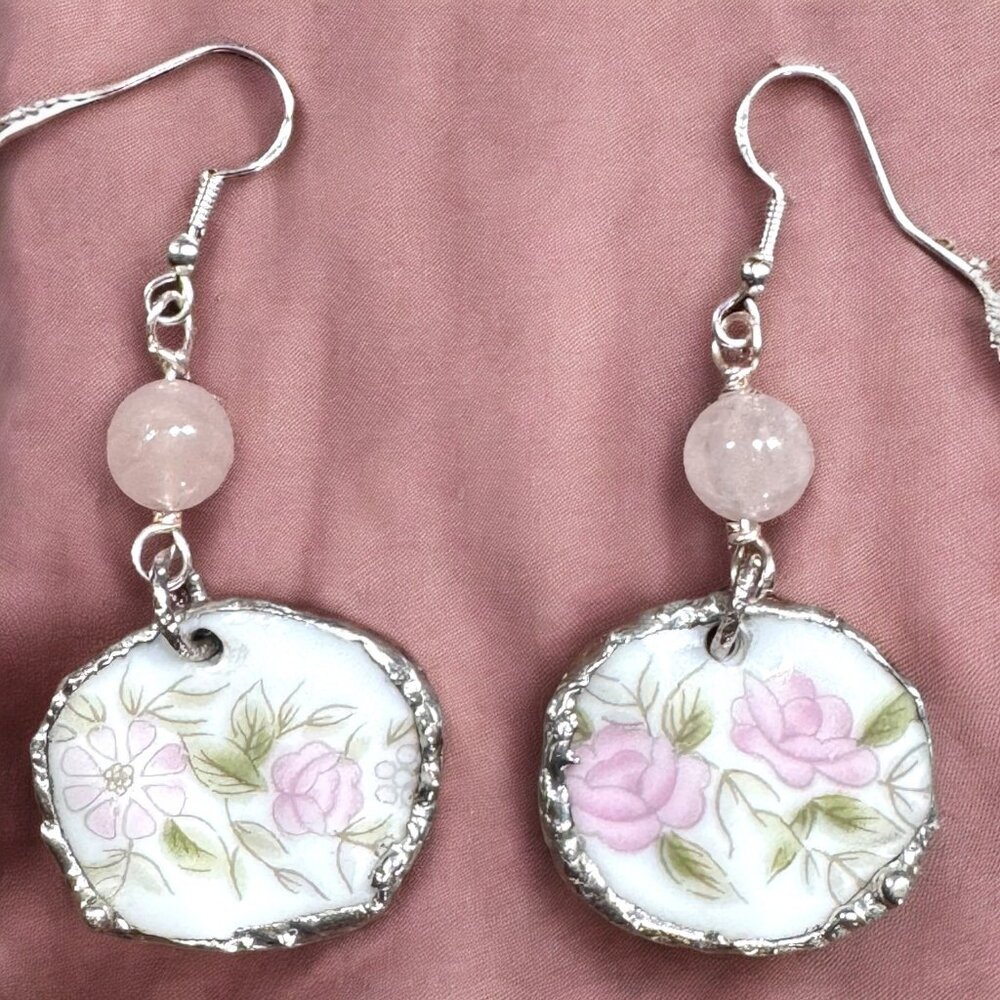 Teahouse Bone China Earrings With Artisan Silver Blend Metalwork & Rose Quartz